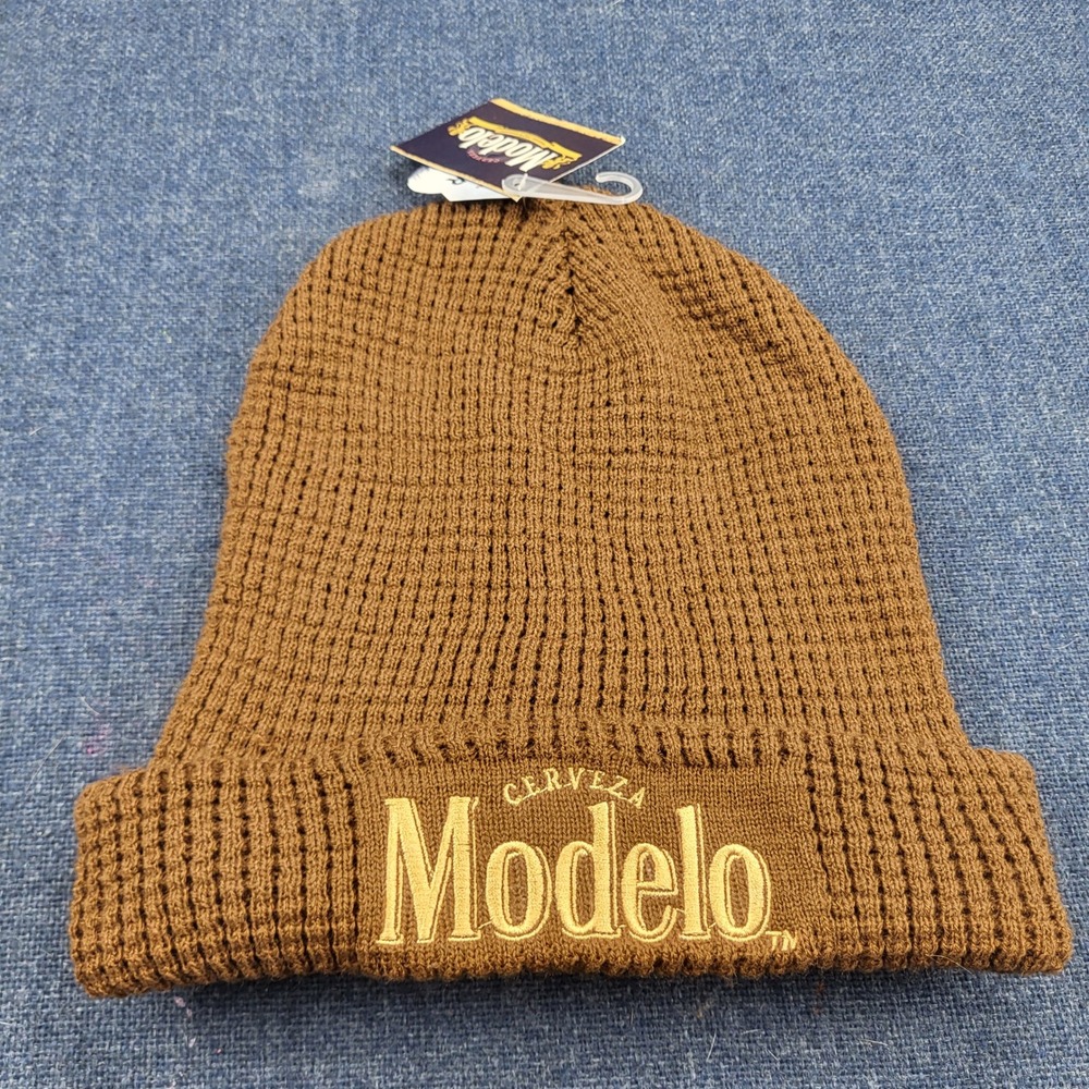 Modelo Cerveza Brown Waffle Knit Cuffed Beanie Hat Embroidered Logo NWT One Size
